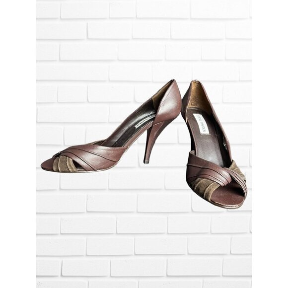 Steve Madden Women's Size 8 Destiny Heel Brown Leather Open Toe Twist Front - Picture 1 of 15